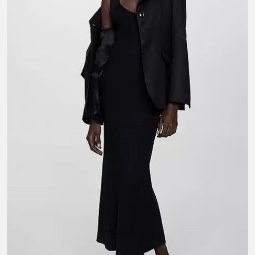 Mango Black V-Neck Ribbed Midi Dress - Picture 3 of 3